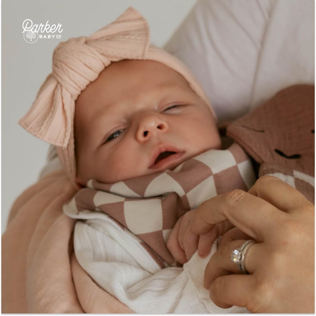 Parker Baby Bandana Bib gray patch pattern versatile for unisex outfits.