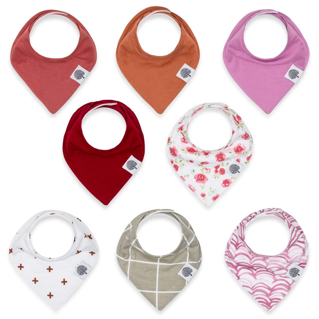 Parker Baby Co. bandana bibs in assorted colors catch drool and messes.