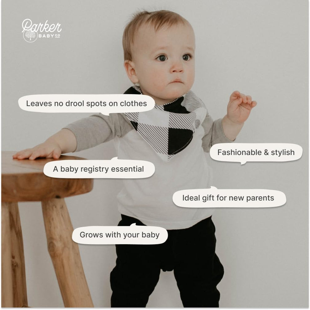 Parker Baby Co. bandana bibs have a soft polyester backing for comfort and mess absorption.