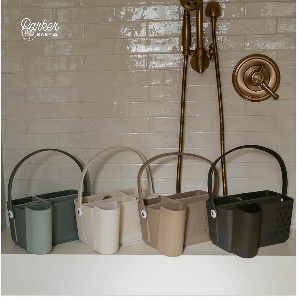 Parker Baby Co. rinse cup coordinates with bath caddy for clutter-free storage.