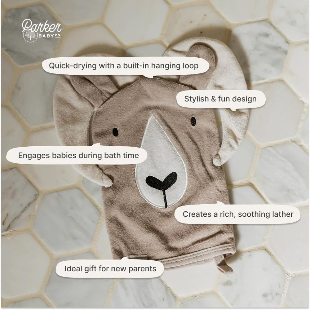 Parker Baby Co bath mitt hanging loop keeps it dry between uses