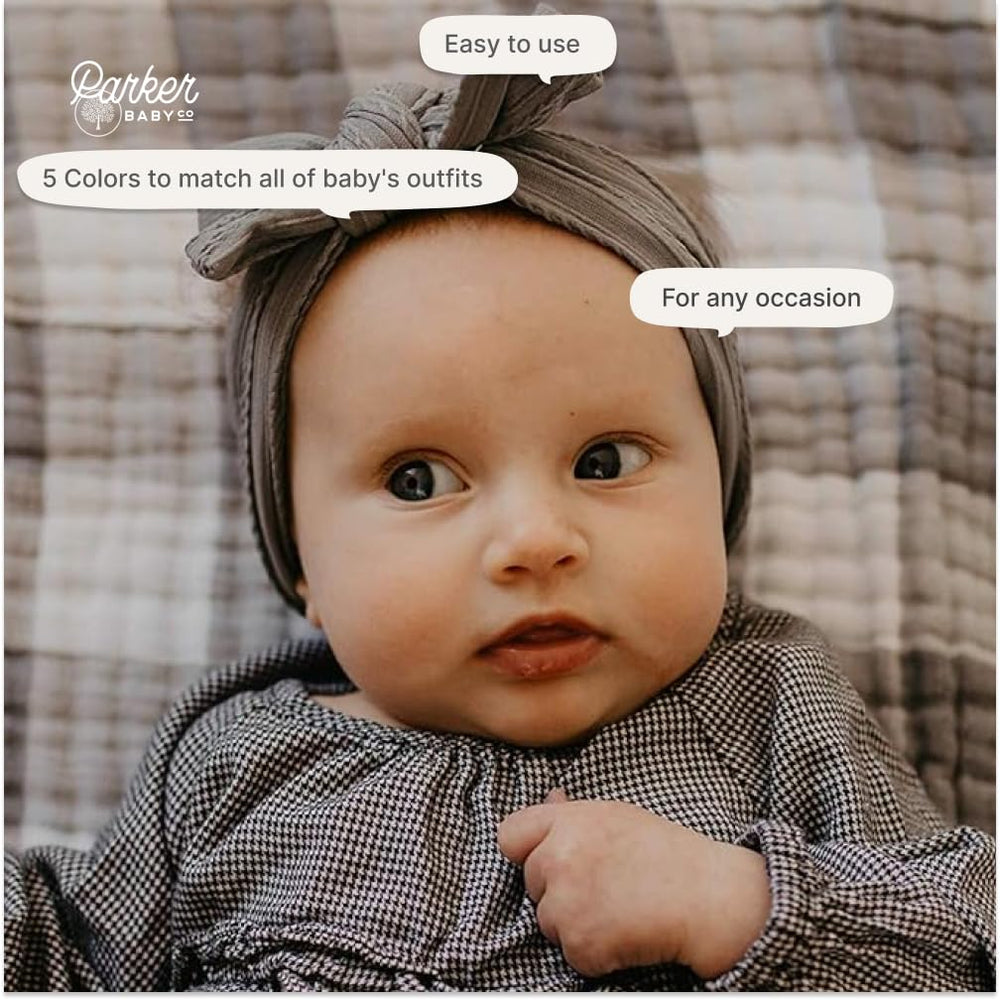 Parker Baby Co. headbands stretch from newborn to 24 months for flexible wear.