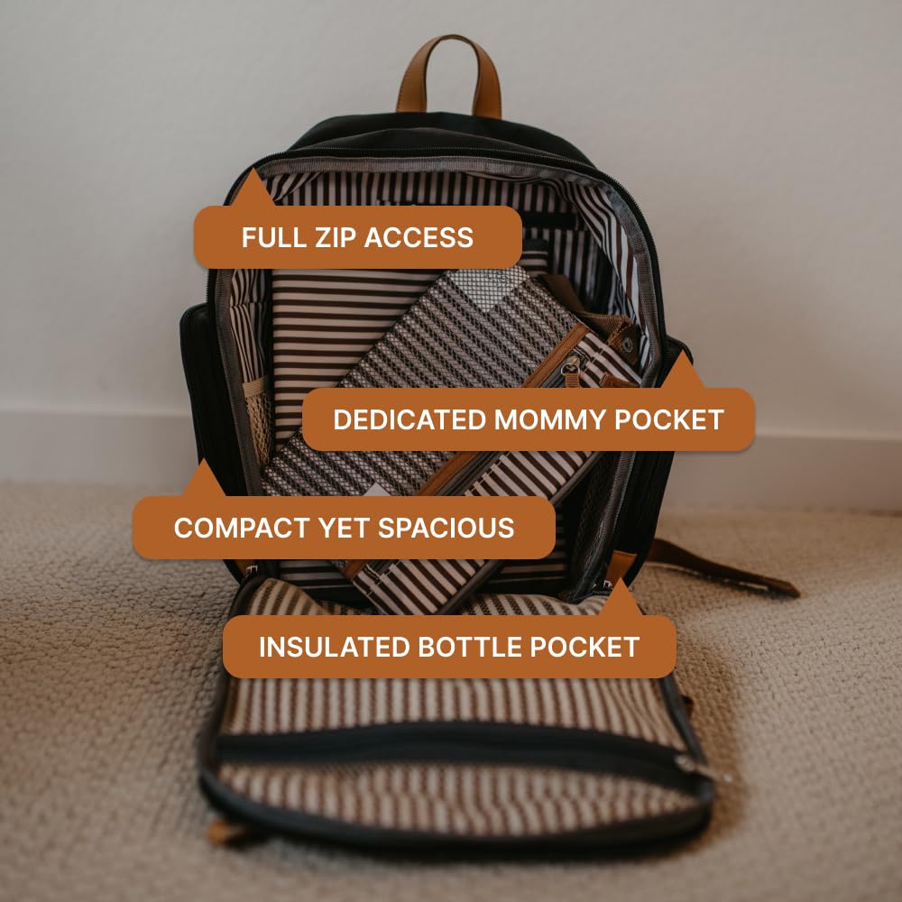 Parker Baby Co. diaper backpack 10-pockets layout image emphasizes organized essentials on the go.