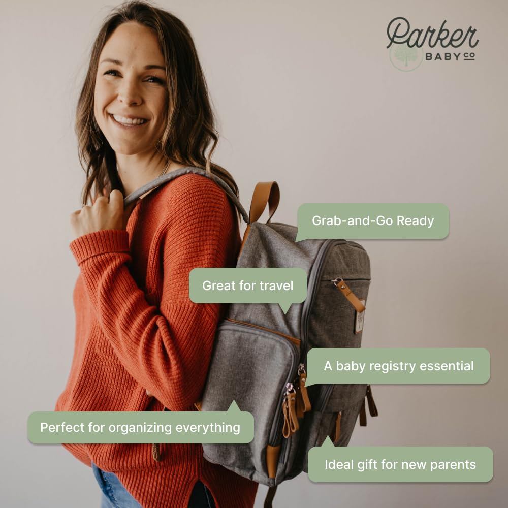 Parker Baby Co diaper backpack gray cream unisex design suitable for mom and dad.