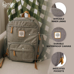 Parker Baby Co diaper backpack mesh pockets organizing toys, wipes, and essentials.