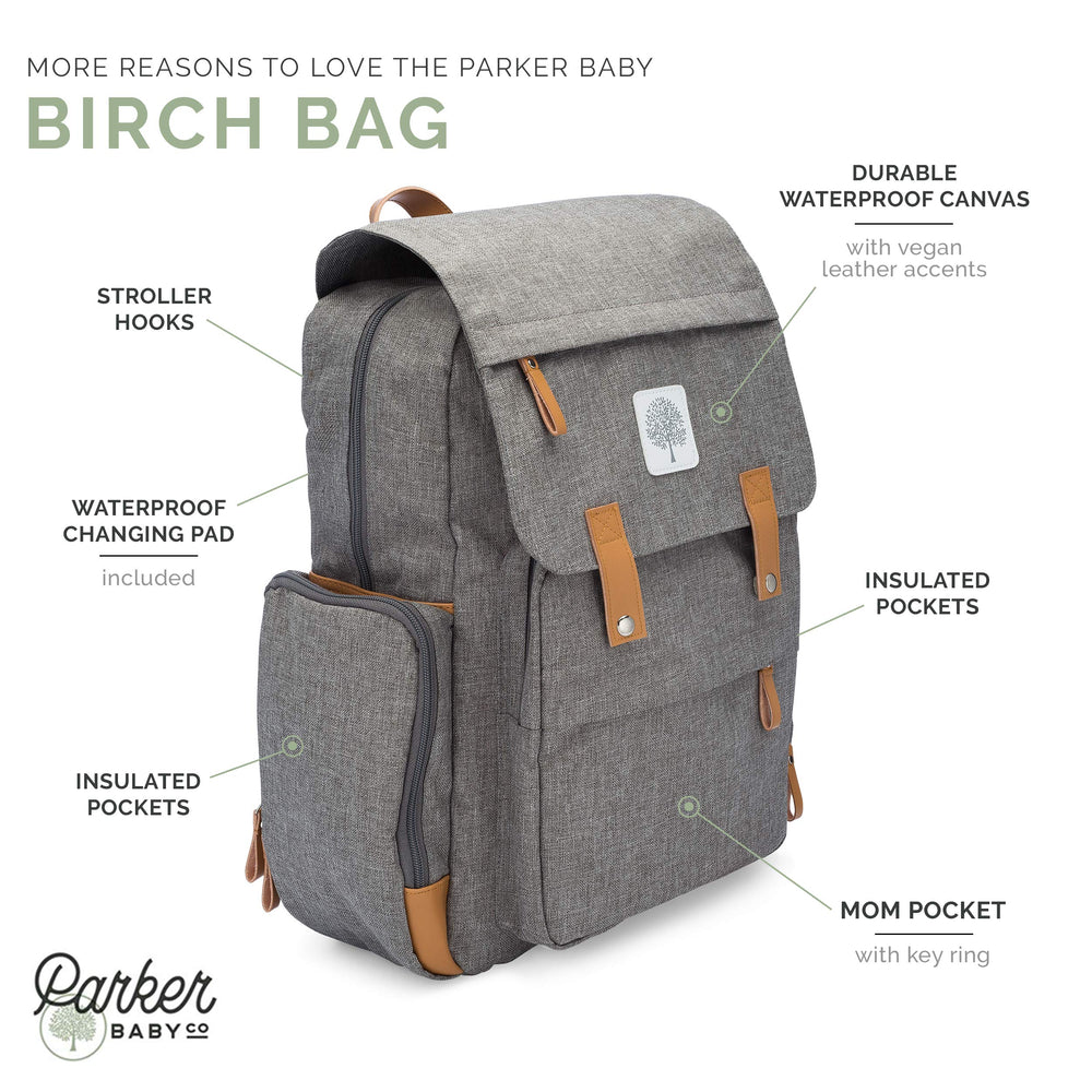 Parker Baby Co. Diaper Backpack side insulated pocket keeps bottles at the ready.