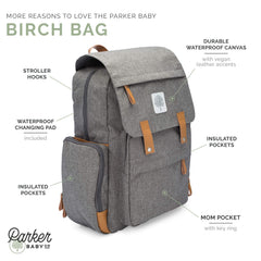 Parker Baby Co. Diaper Backpack side insulated pocket keeps bottles at the ready.