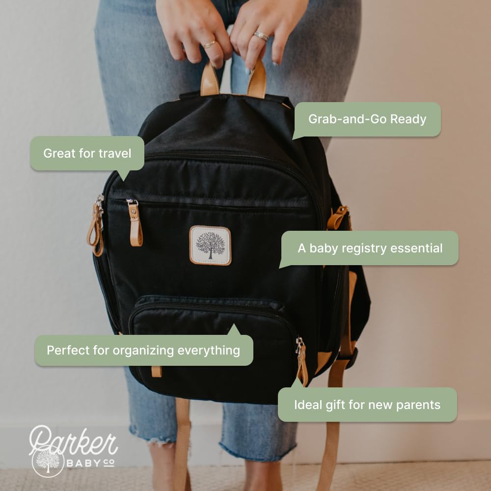 Parker Baby Co. diaper backpack water-resistant canvas image conveys durability and easy cleaning.