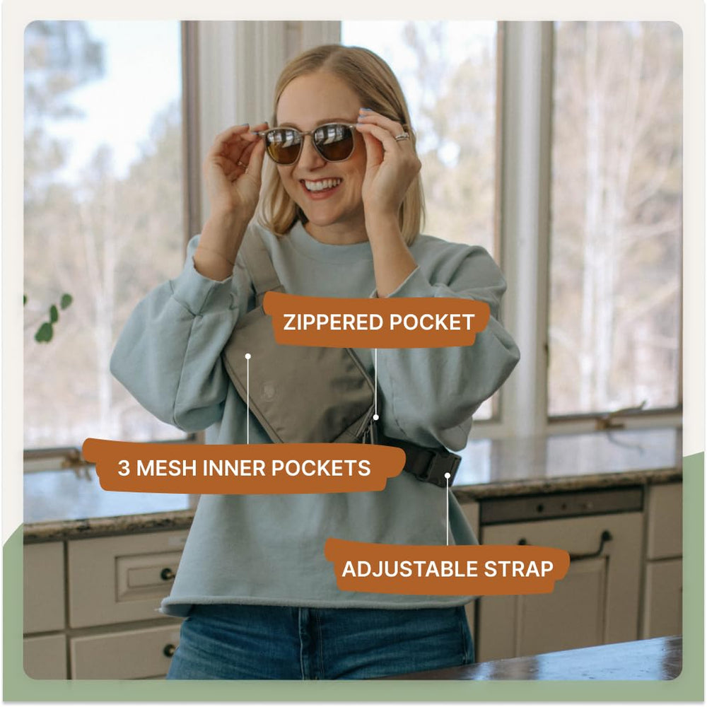 Parker Baby Co. diaper belt bag gray side adjustment shows flexible fit for any body.