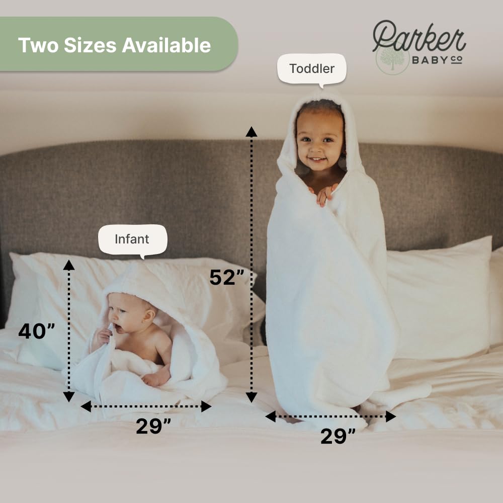Parker Baby Co hooded towel gentle-on-skin notes soft, dye-free cotton for sensitive skin.