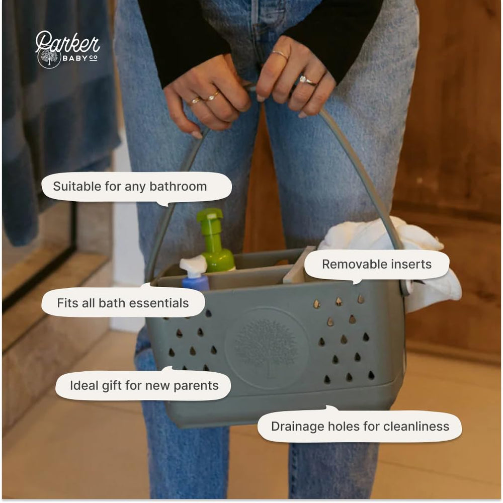 Parker Baby Co. Large Bath Caddy removable-inserts view highlights four-compartment organization.