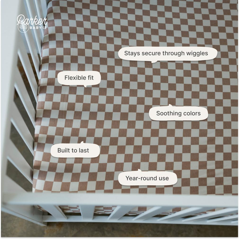 Parker Baby Co modern nursery design crib sheet complements decor