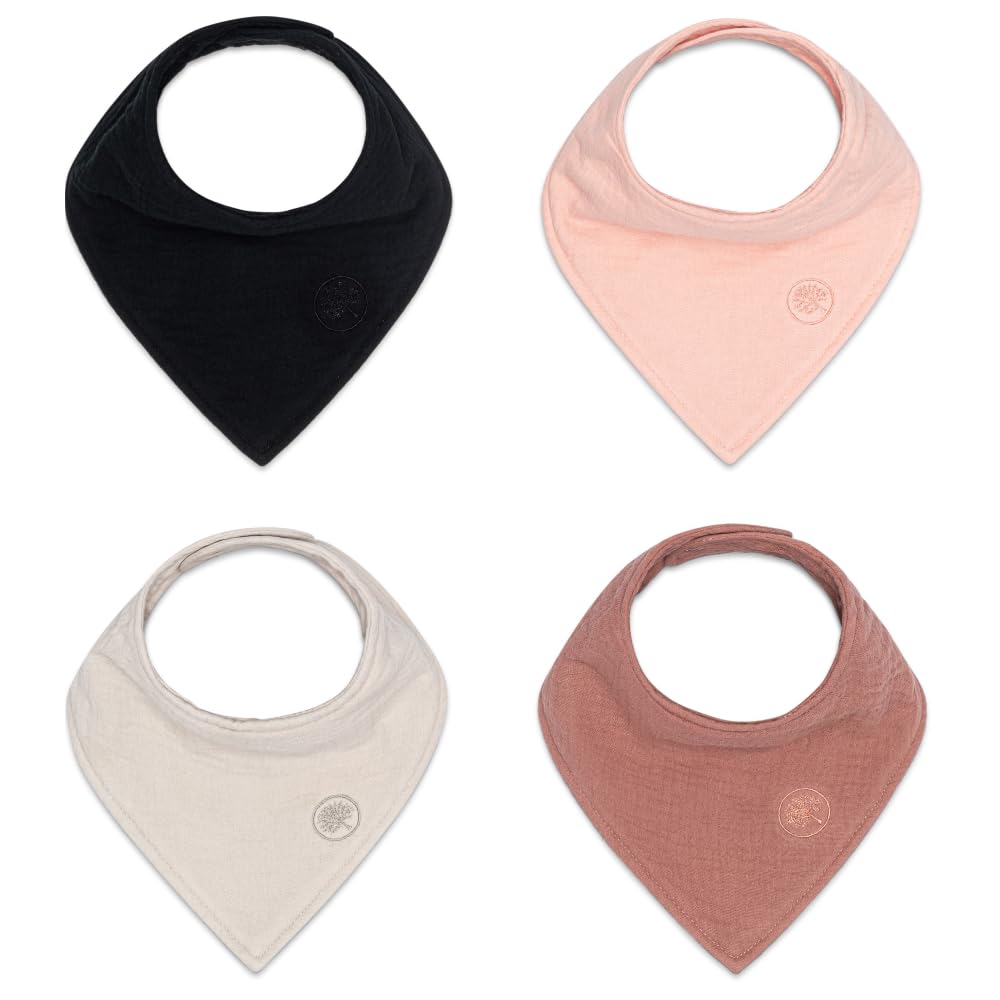 Parker Baby Co. muslin bandana bib close-up showing four-layer absorption for drool control.