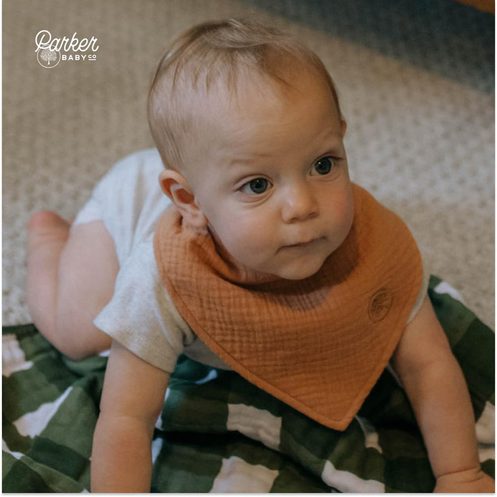 Parker Baby Co bandana bib on baby blends style with practical drool management