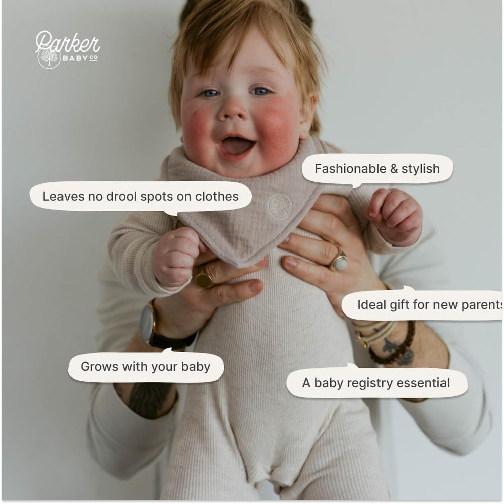Parker Baby Co muslin bandana bibs embroidery detail adds polished style.