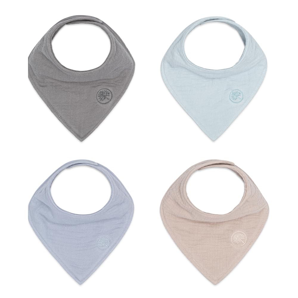 Parker Baby Co muslin bandana bib closeup shows soft cotton for gentle all-day absorption.