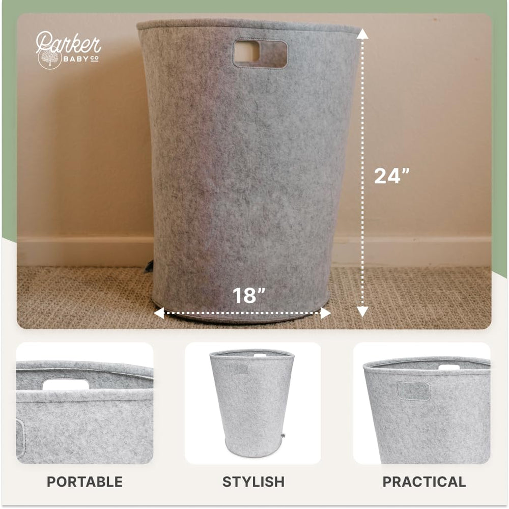 Parker Baby Co. collapsible hamper, space-saving design for tidy rooms.
