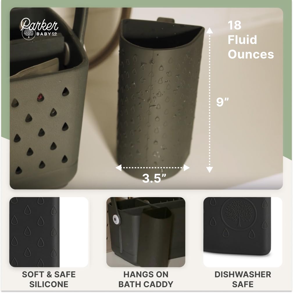 Parker Baby Co. rinse cup is dishwasher safe for quick cleaning after baths.