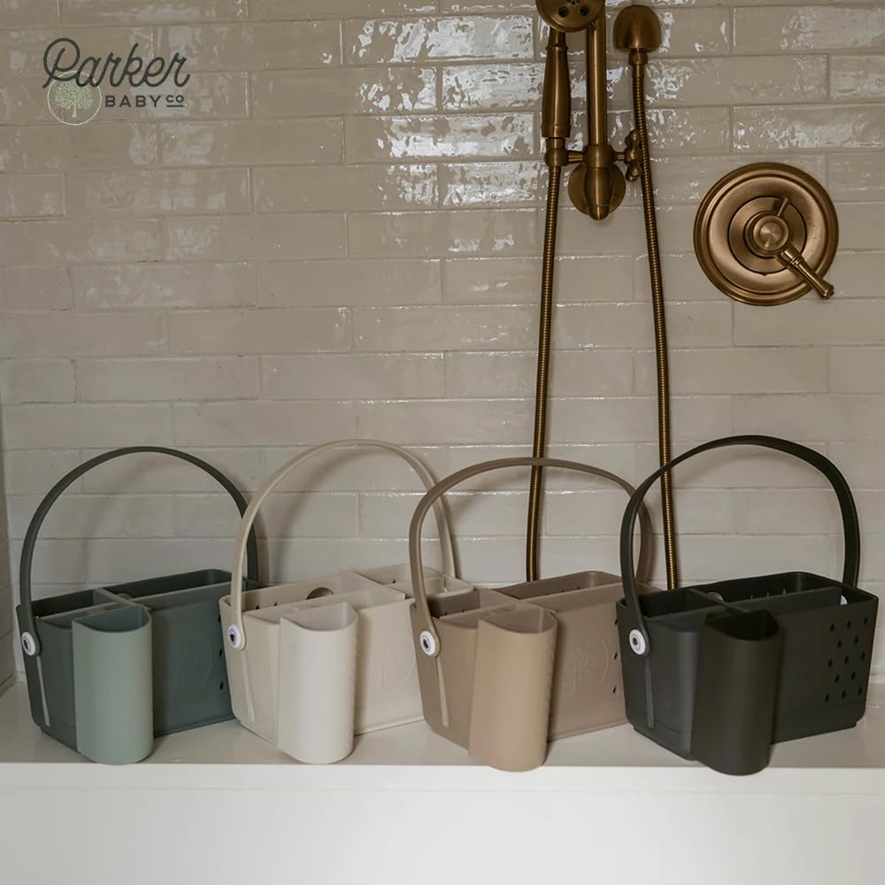 Parker Baby Co. rinse cup in neutral colors with raindrop detail for stylish bath setup.