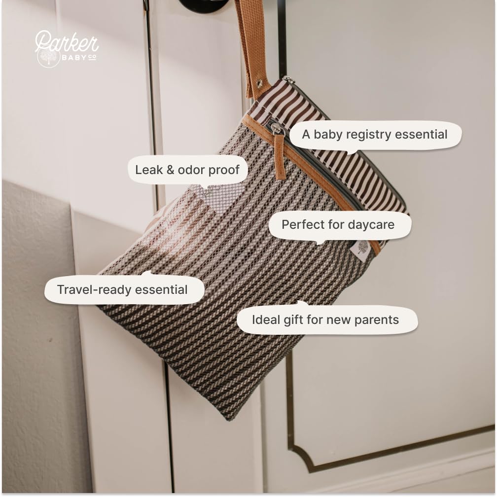 Parker Baby Co. wet-dry bag wipeable outer fabric cleans quickly after messy days