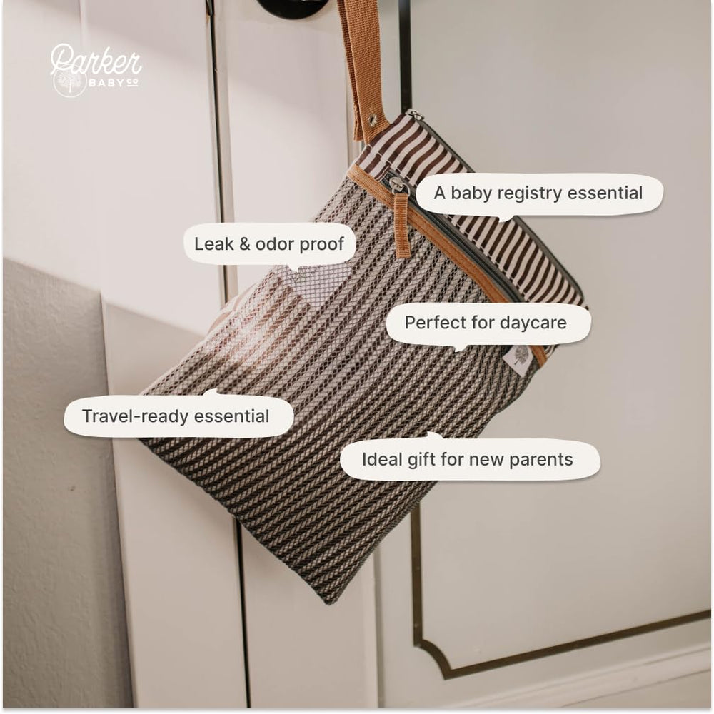 Parker Baby Co. wet-dry bag wipeable outer fabric cleans quickly after messy days