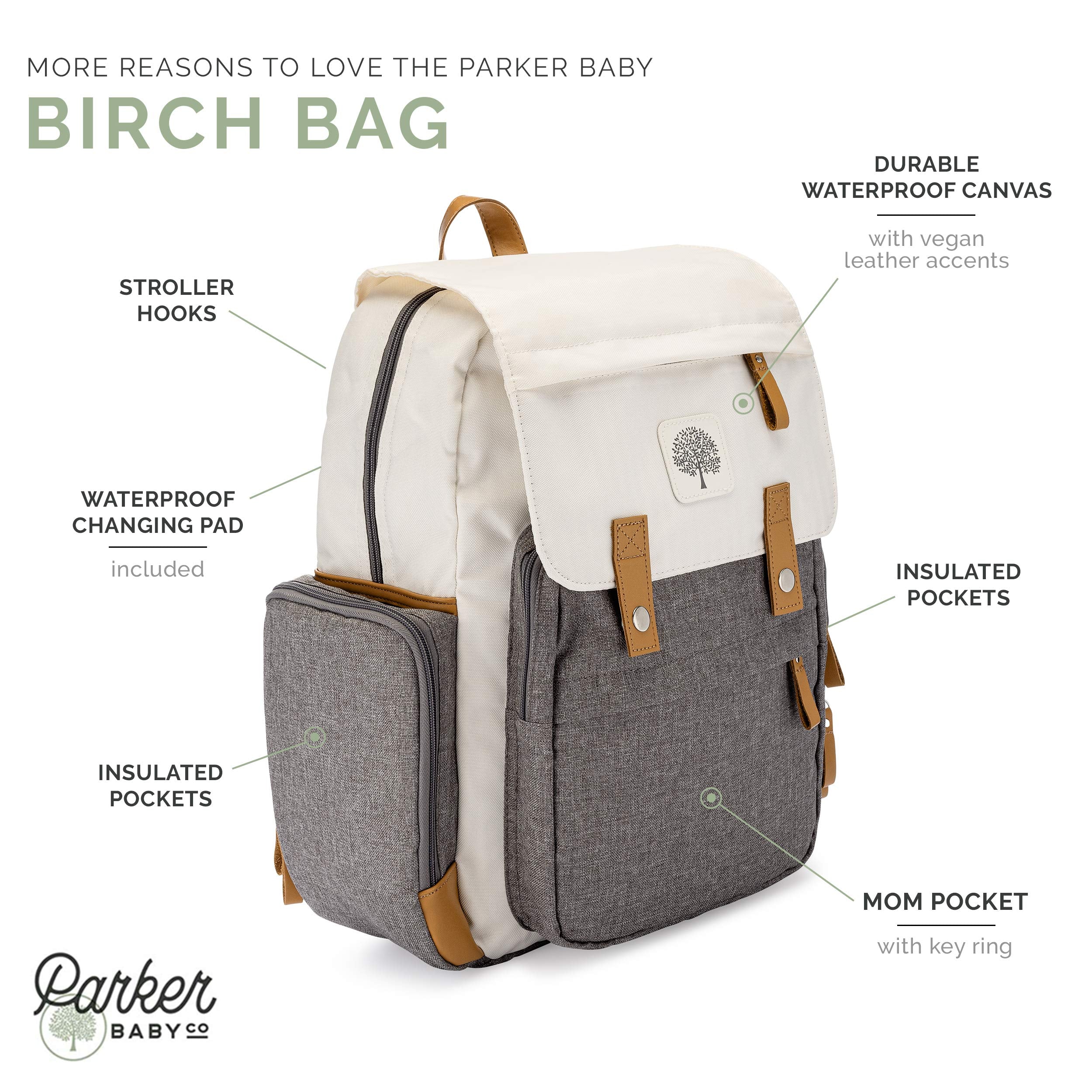 Parker Baby Diaper Backpack Birch Bag side insulated pocket keeps bottles cool.