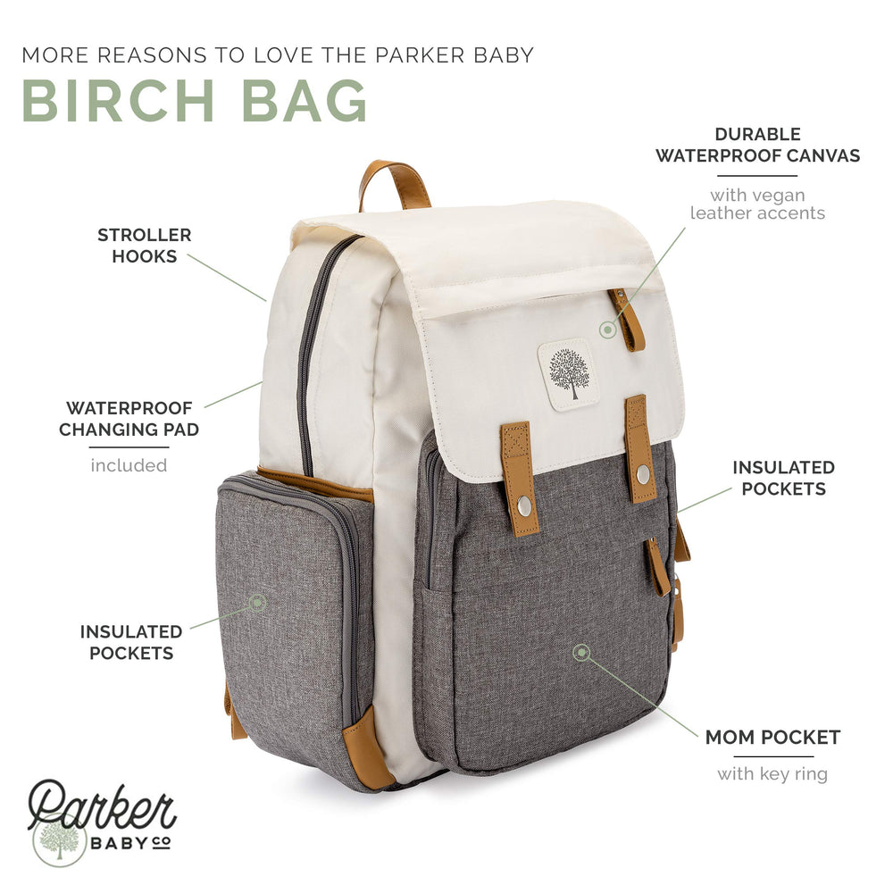 Parker Baby Diaper Backpack Birch Bag side insulated pocket keeps bottles cool.