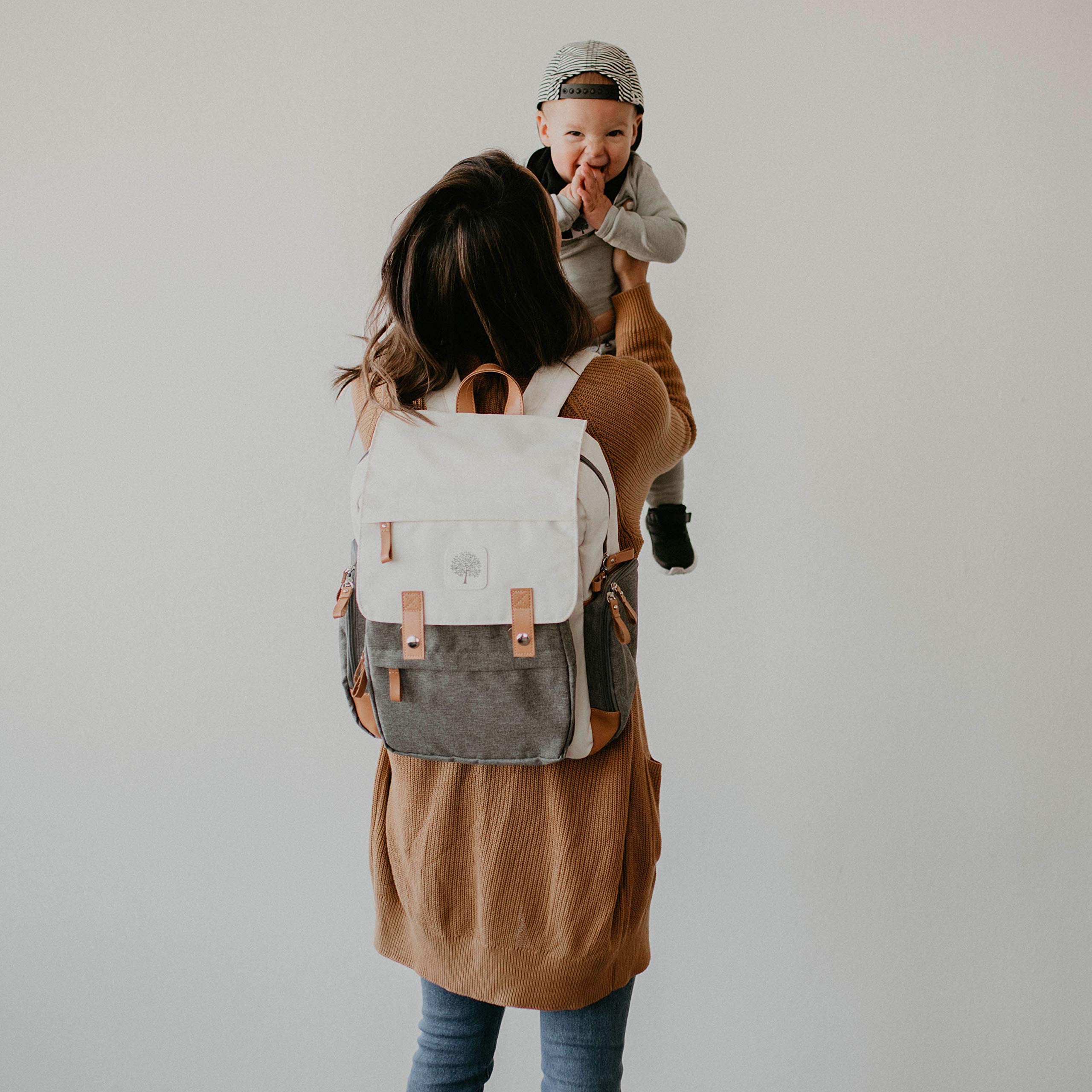 Parker Baby Diaper Backpack Birch Bag stroller-straps in use for hands-free trips.