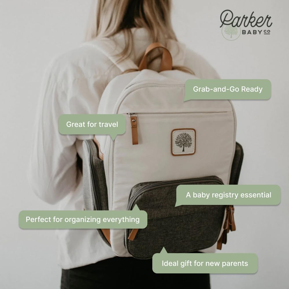 Parker Baby Co diaper backpack cream back view with adjustable straps and comfort