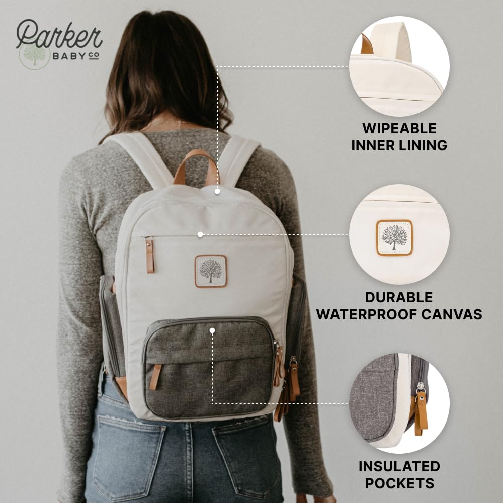 Parker Baby Co diaper backpack cream insulated bottle pocket ready for feeds on the go