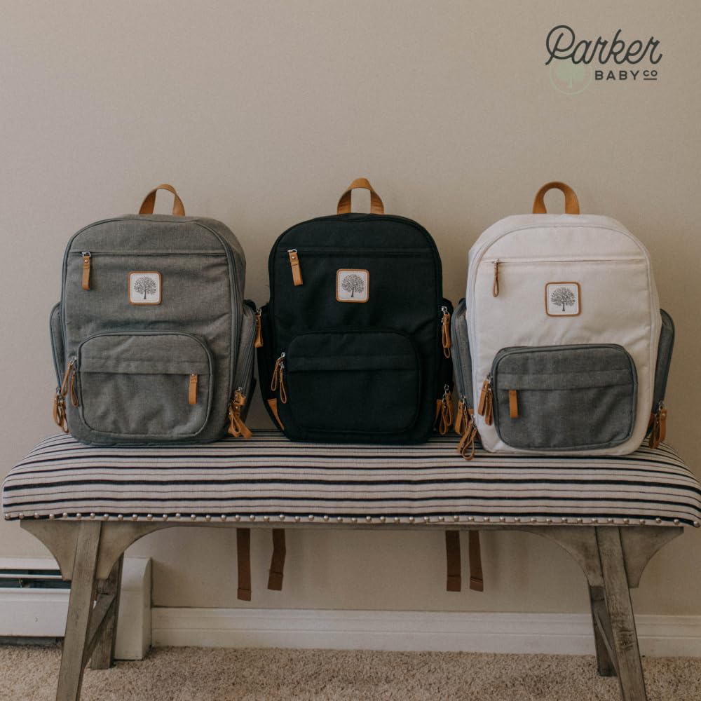 Parker Baby Co diaper backpack cream stroller strap attachment for hands-free travel