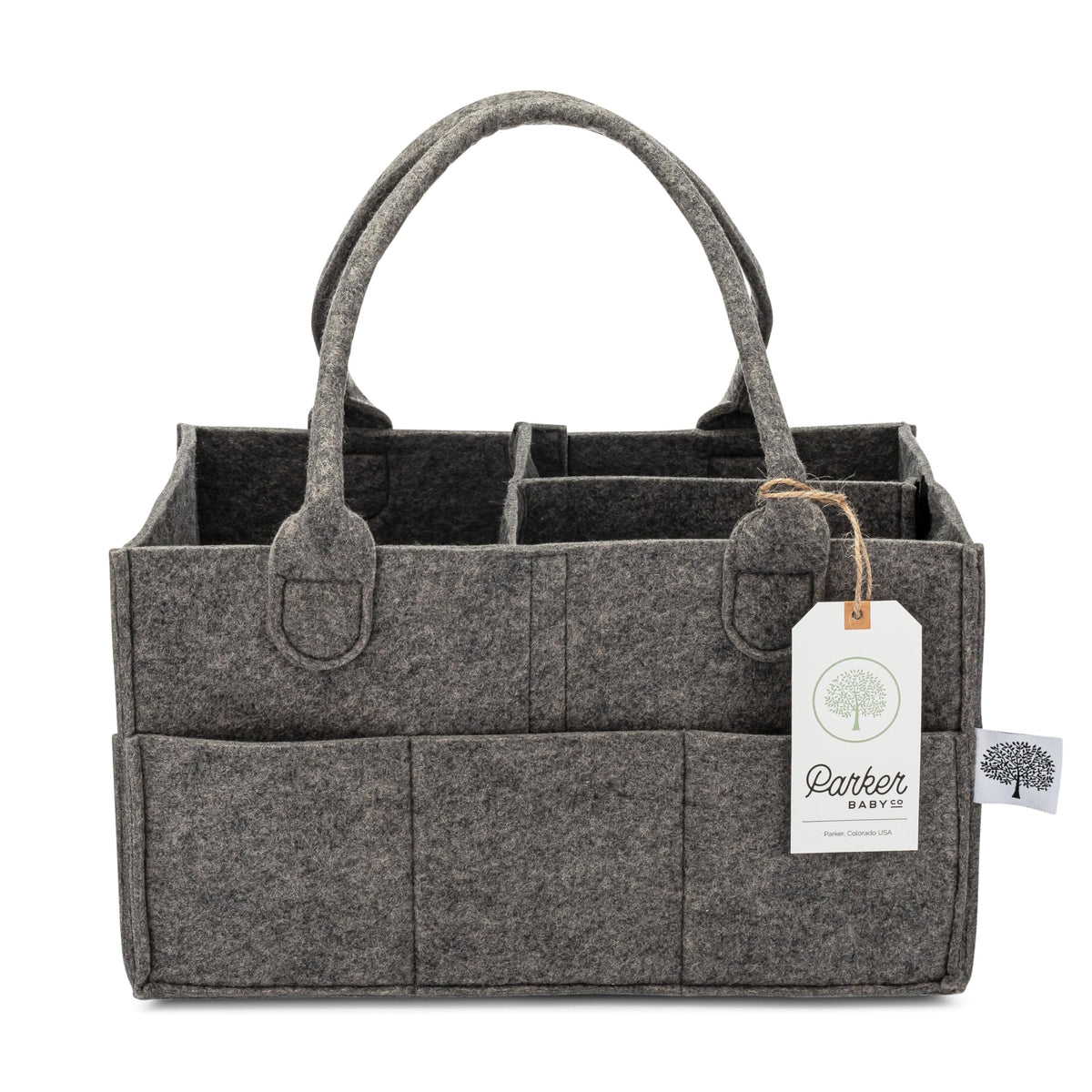 Parker Baby Diaper Caddy front view in charcoal showing organized storage