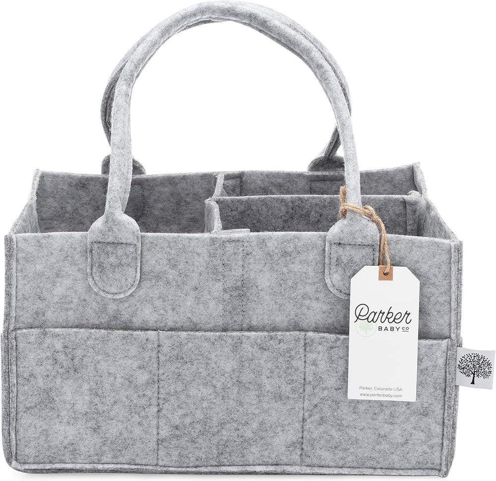 Parker Baby Diaper Caddy gray full setup shows organized nursery essentials at a glance.