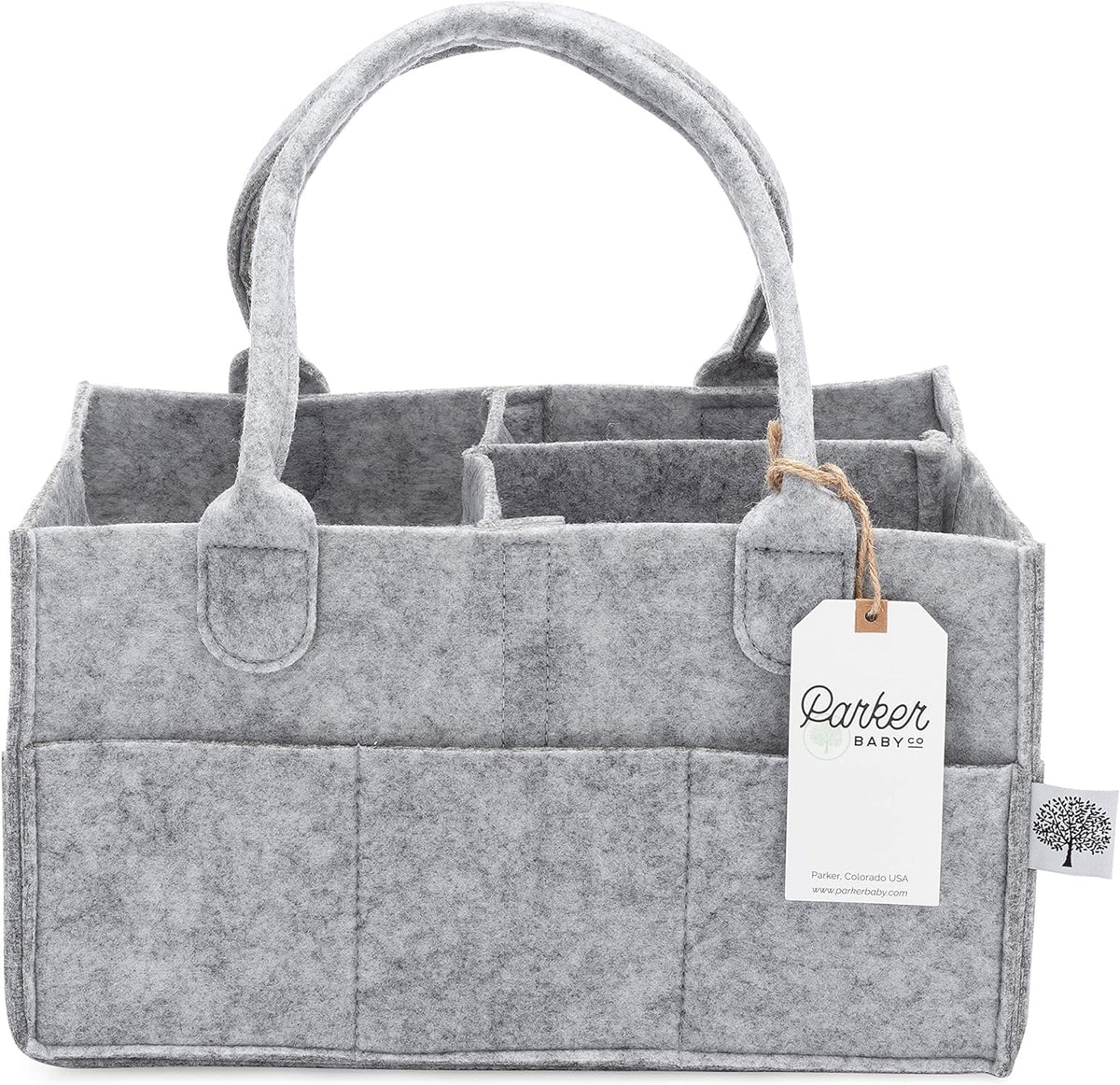 Parker Baby Diaper Caddy gray full setup shows organized nursery essentials at a glance.
