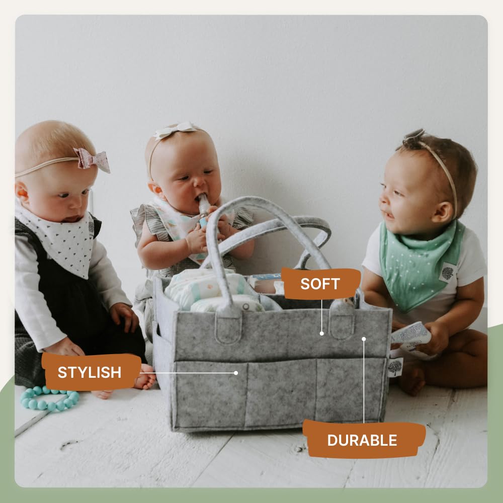 Parker Baby Diaper Caddy gray outer pockets highlight quick-access diaper and wipe storage.