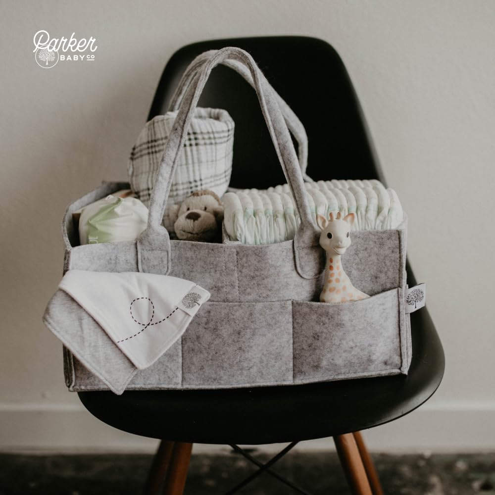 Parker Baby Diaper Caddy gray side-view presents neutral, durable nursery storage.