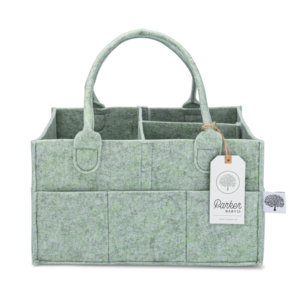 Parker Baby Diaper Caddy sage green front view keeps diapers and wipes within arm's reach
