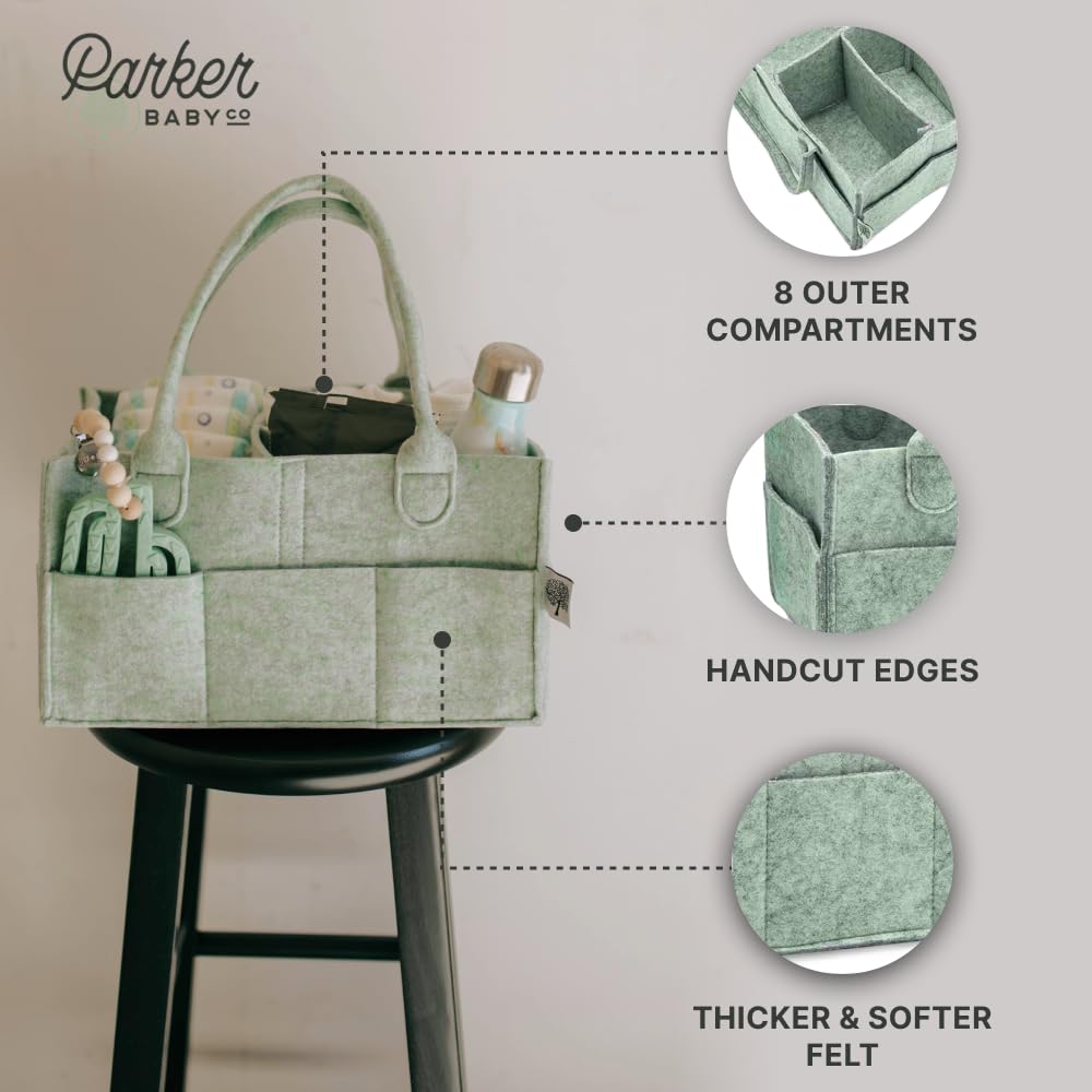 Parker Baby Diaper Caddy sage green on dresser top keeps essentials within reach