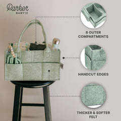Parker Baby Diaper Caddy sage green on dresser top keeps essentials within reach
