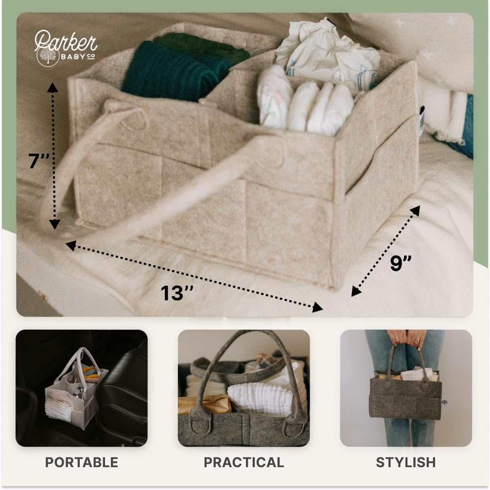 Parker Baby Diaper Caddy sturdy outer pockets for quick access.