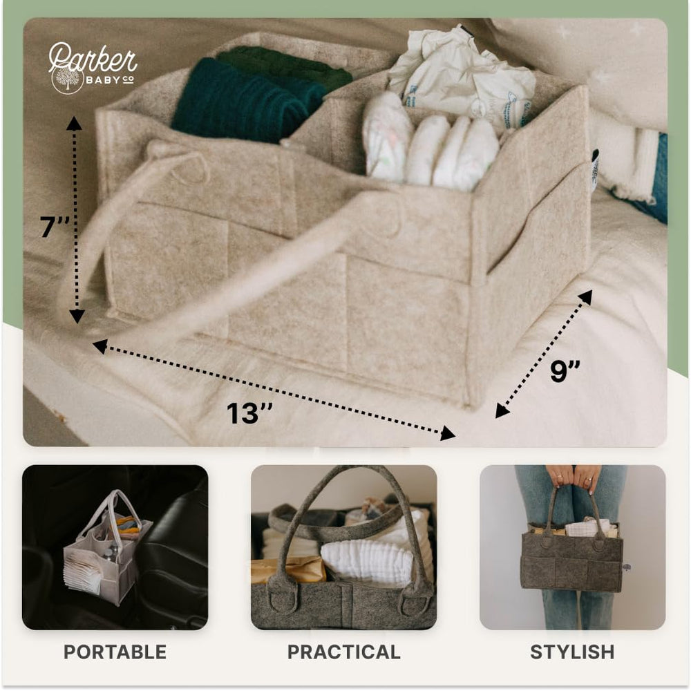 Parker Baby Diaper Caddy sturdy outer pockets for quick access.