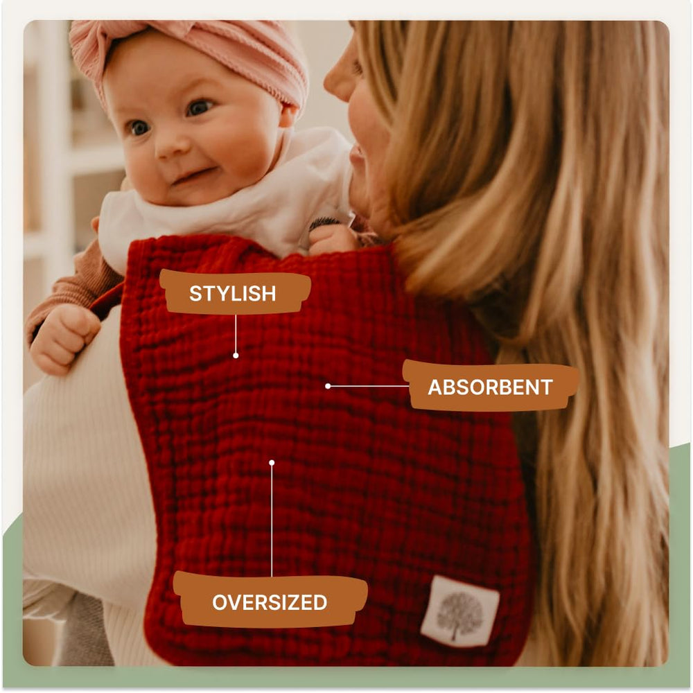 Parker Baby Muslin Burp Cloths oversized 20x11 size for shoulder coverage.