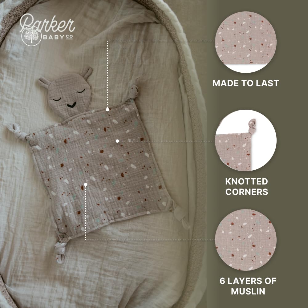 Parker Baby Muslin Lovey used with newborn for gentle comfort.