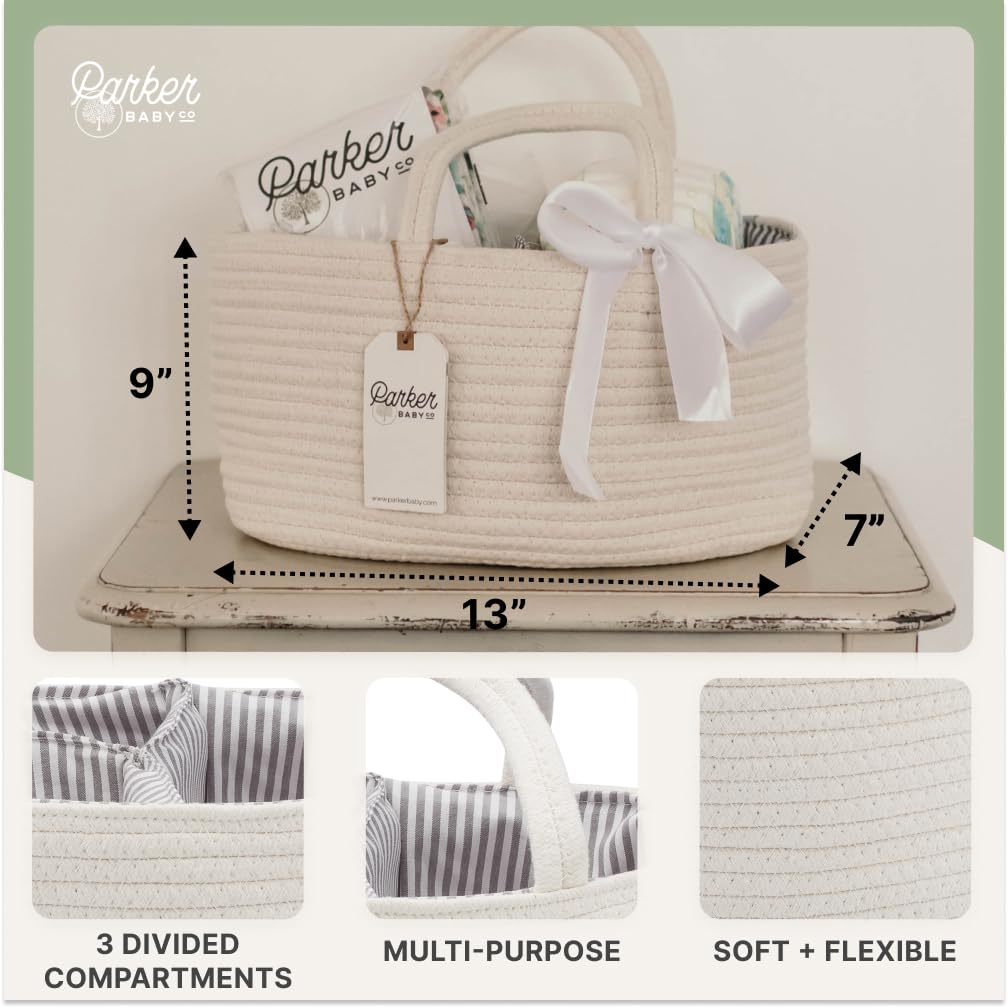 Parker Baby Rope Diaper Caddy used as car organizer for baby items.