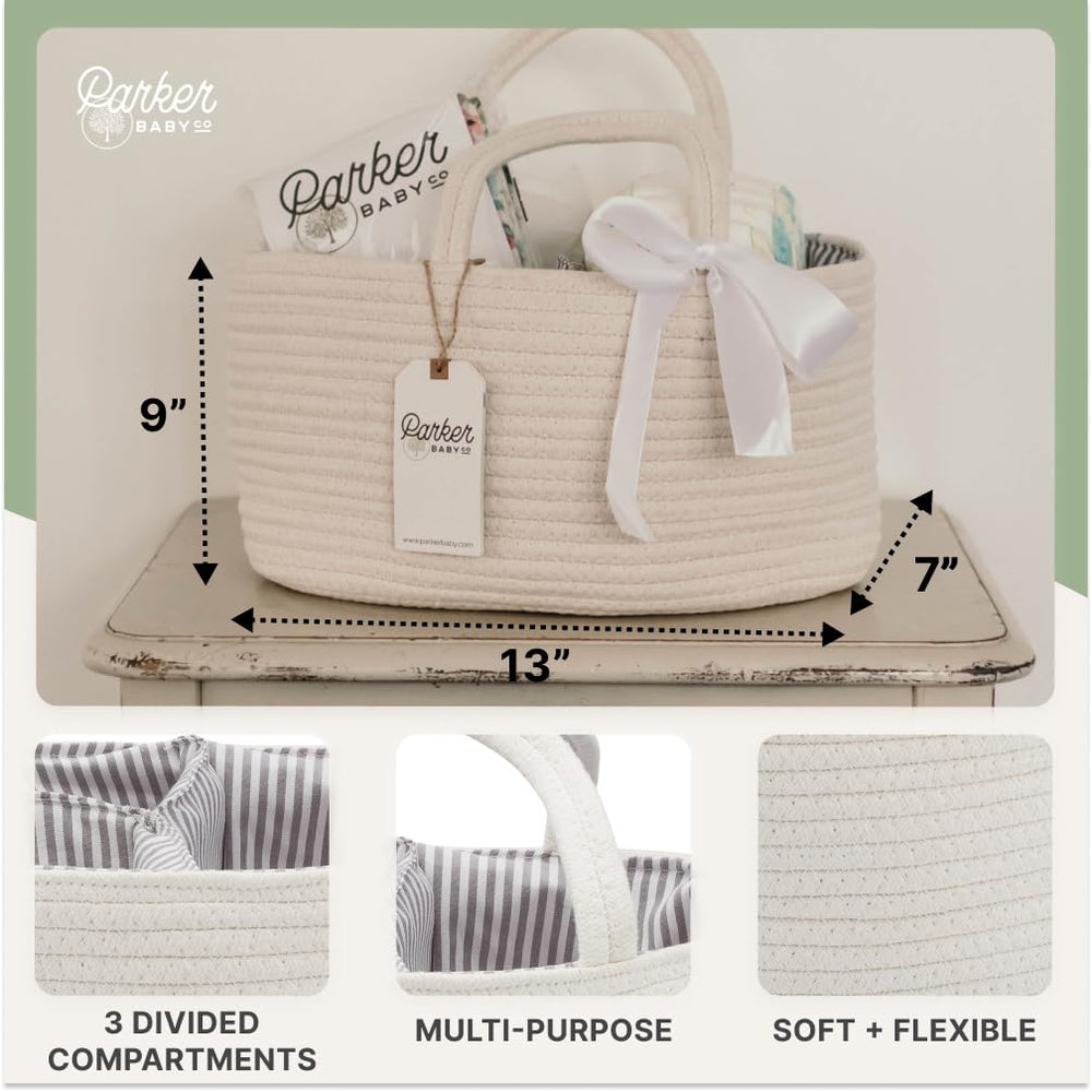 Parker Baby Rope Diaper Caddy used as car organizer for baby items.
