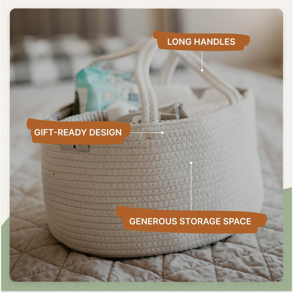 Parker Baby Rope Diaper Caddy on changing table, organized essentials at a glance.