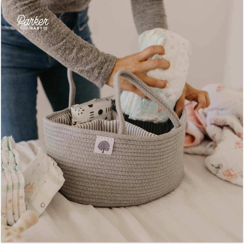 Parker Baby Rope Diaper Caddy gray compartments keep diapers and wipes organized