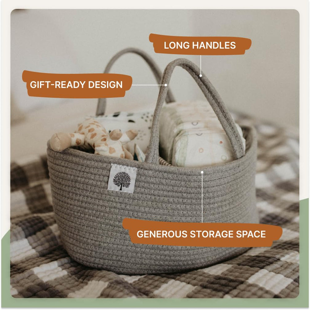 Parker Baby Rope Diaper Caddy gray in nursery blends with neutral decor and organization