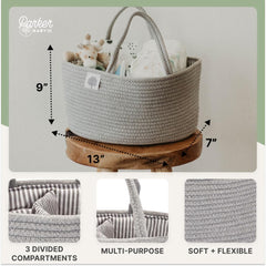 Parker Baby Rope Diaper Caddy gray on changing table keeps essentials within reach