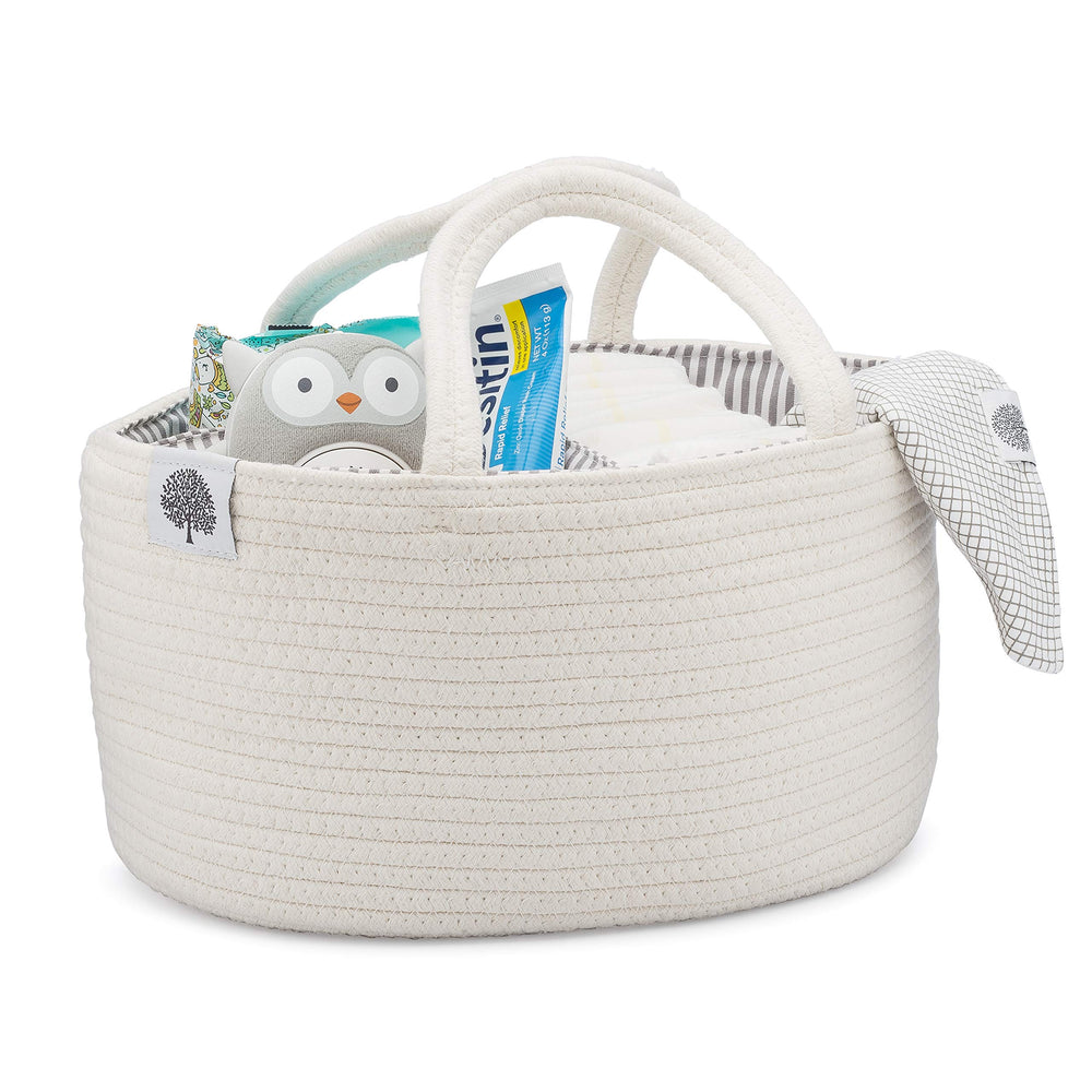 Parker Baby Rope Diaper Caddy close-up with a handle, portable diaper and wipe storage.